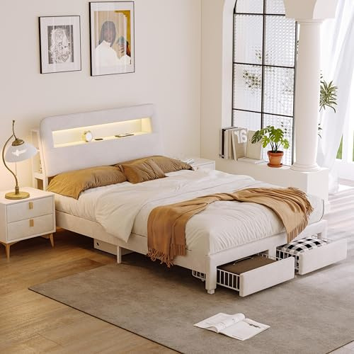 KSFASHZ Letto imbottito matrimoniale 160x200 con cassetti, luce LED e ricarica USB - 160x200cm Struttura del letto con rete a doghe e testiera con vano portaoggetti, Velluto
