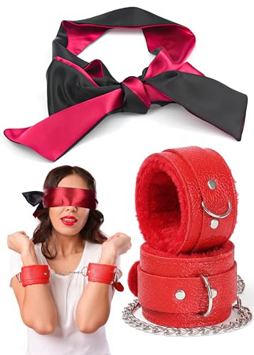 Padded Handcuffs and Satin Eye Mask Set, Soft Fluffy Cuffs with Adjustable Chain