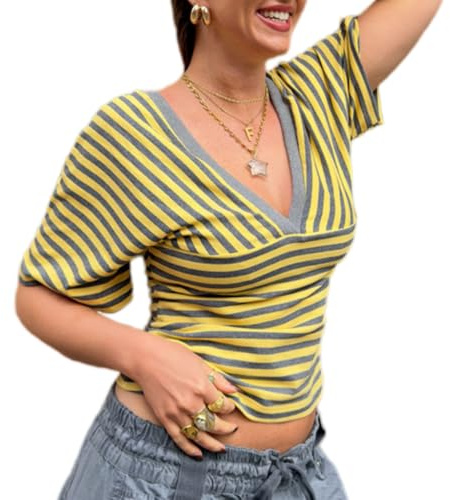 Generisk dam wrap-djup V-fladdermusärm cropped topp, figurformande randig stickad blus med ribbstickade manschetter för smalare utseende
