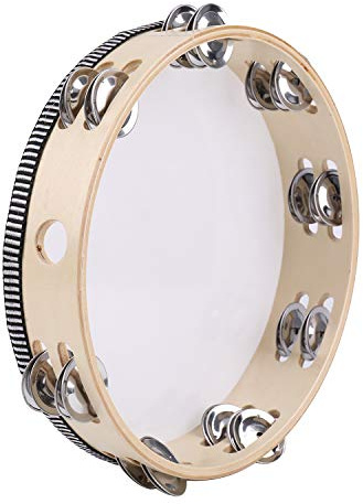 Tosnail 10 Inches Handheld Wooden Tambourine - Double Rows 16 Pairs Jingles