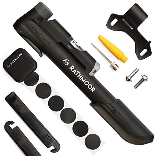 Rathmoor Get Me Home nödläge mini-cykelpump med mätare, limfri reparationssats, däckhandtag och kulnål (svart med limfri reparationssats, däckspakar, kulventil)