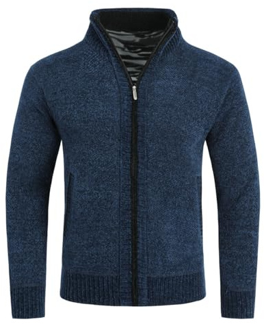 Allthemen Herrkofta cardigan med dragkedja och ståkrage fodrad grovstickad tröja, blå, S