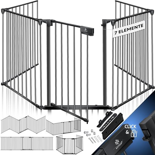 KESSER® Kaminschutzgitter mit Tür 420 cm Metall Ofenschutzgitter Laufgitter Laufstall Absperrgitter Tierschutzgitter Türschutzgitter für Kinder-Sicherung, 7-teilig Elemente (je 60 x 75 cm) Schwarz