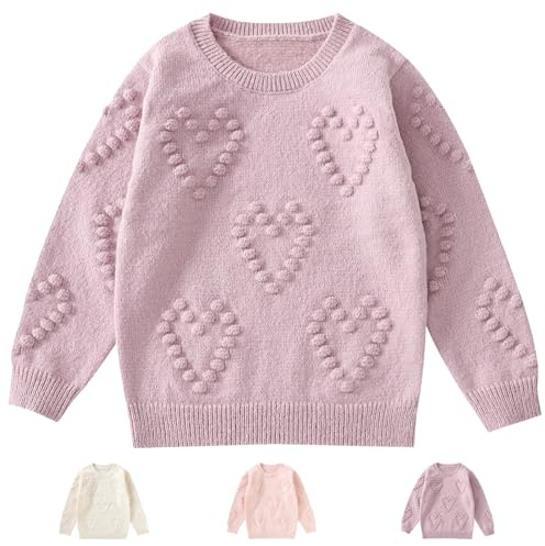 Winmany Pull-Over pour Filles Enfants Cou de l’équipage Tops tricotés à Motif de cœur Sweats à Manches Longues et col Rond for 3-7Y (as4, Age, 6_Years, 7_Years, Regular, Violet)
