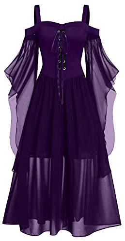 Robe Femme Mi Longue Tulle Cordon Grande Taille Plissée Vintage Tenue Medievale Vêtement Respirant Sexy Robe Tunique Femme Chic Printemps Pas Cher Deguisement Violet XL