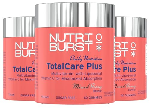 Nutriburst TotalCarePlus Multipack - Multivitamin with Vitamin C, D, B12 + Zinc - Immune System Support - Berry Flavour - 3 x 60 Gummies / 3 Month Supply - Suitable for Vegans
