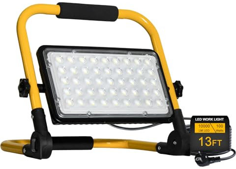 Foco de Trabajo LED 100W,10000LM Foco LED Portátil con Cable de 4M 6500K Luz Blanca de Construcción, Exteriores Impermeable IP66 Soporte plegable para Obra, Taller, Garaje