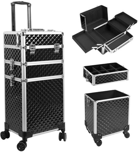 Kalolary Valise de Maquillage 3 en 1, Valise Trolley Maquillage Mallette Cosmétique Vanity Mallette Maquillage Professionnelle Beauty Case Valise Maquillage à roulettes Cosmétique Portable (Noir)