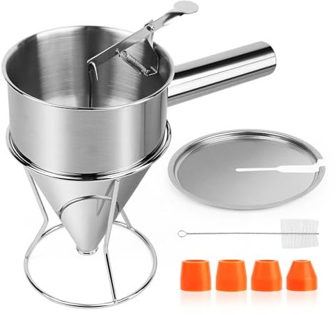 TNOMSNO Imbuto Cucina, 1200ml Dosatore di Impasto in Acciaio Inox Imbuto a Pistone con Coperchio Supporto Imbuto a Pistone 4 Ugelli di Ricambio Spazzola Imbuto da Cucina per Pancake Frittelle Dessert