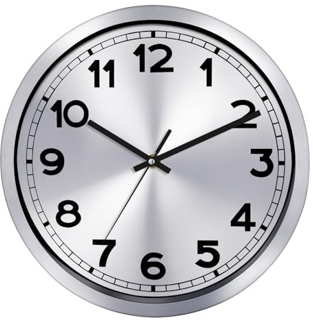 Plumeet Small Wall Clock, 10 Inch Battery Operated Wall Clock with Silver Aluminum Frame, Non Ticking Silent Metal Wall Clocks Decorative Kitchen Living Room Bedroom