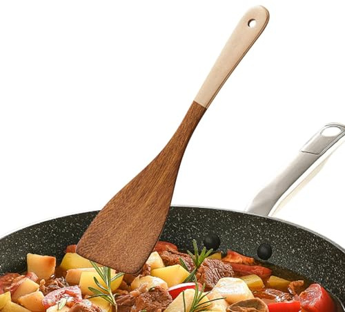 Huxibai Träspatel för matlagning, träspatel, träspade med långt handtag, lutande spatel | mångsidig spatel för non-stick-belagd stekpanna, köksredskap för köket och för