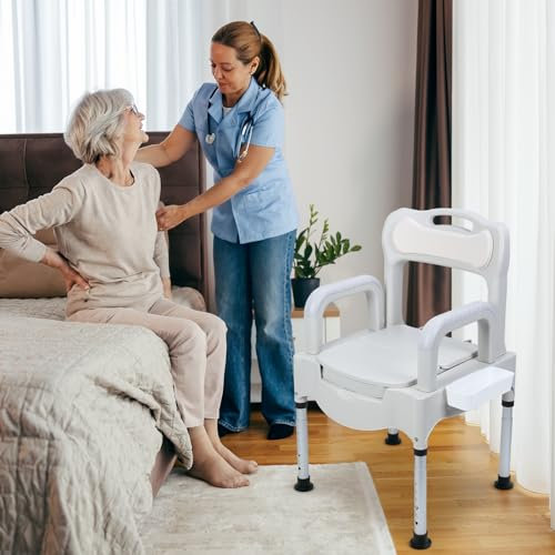 joukares Chaise percée de chevet pour personnes âgées, chaise de toilette portable, hauteur réglable, convient aux personnes handicapées, personnes âgées et handicapées, beige