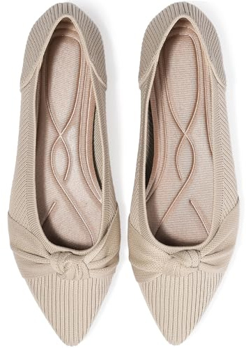 TINGRISE Women's Flats Shoes Comfortable Dressy Pointed Toe Knit Washable Ballet Flat Beige 6UK