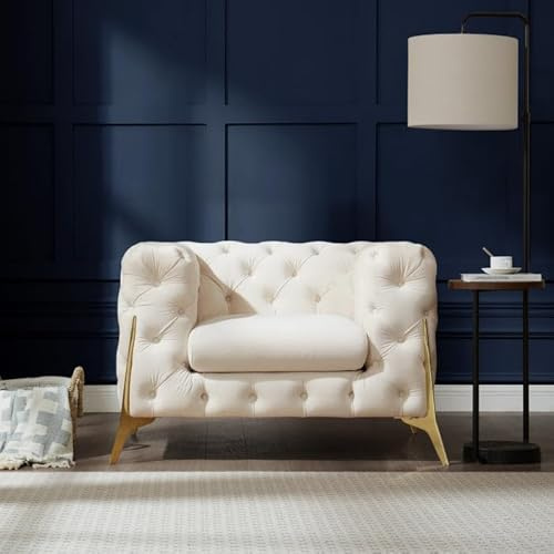 Snooze Luxury Plush Chesterfield Sofas and Couches - 3+2Seater Sofa set, Arm chair – Tufted Cushions with Sturdy and Durable Gold Legs (Cream Plush, Arm Chair)