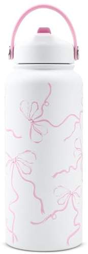 Nymora Ribbon Pink Bow Water Bottle 1L (32oz) Insulated Bottle Stainless Steel Pink Girls Water Bottle with Straw for Women Girls, Gift for teen girls Christmas