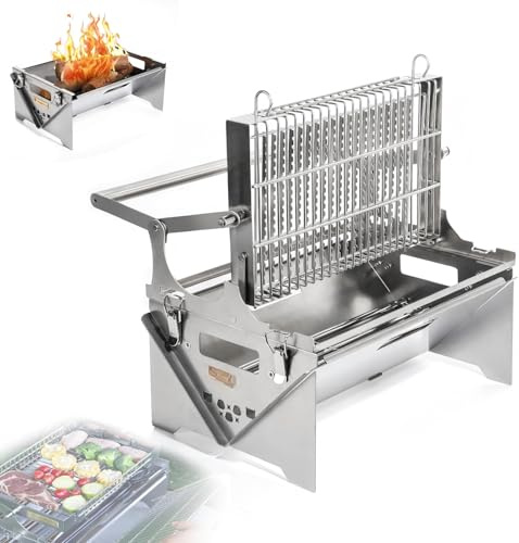 Griglia a carbone, rotazione a 360° con vassoio rimovibile e telaio in acciaio regolabile, griglie per barbecue in acciaio inossidabile con ribaltamento per picnic e festa in giardino
