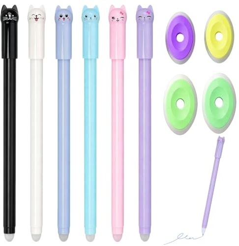 GUOYOU 6 Pièces Chat Stylo Effacables, 0.5mm Stylo Encre avec Gomme | Couleurs Assorties Stylos à Gel Effaçable, Encre Gel Effaçable Stylo Effacable pour Fournitures Scolaires (Bleu)