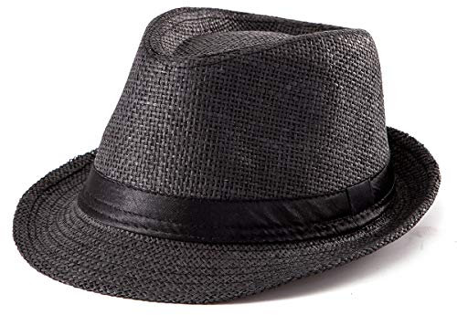 LADYBRO Black Straw Fedora Hat for Men Women Gift Fashion Summer Beach Panama, 7 1/4