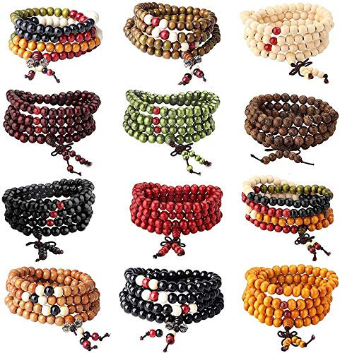 YADOCA 12 Stück Armbänder Elastisch Herren Damen Buddha Mala Halskette Holz Armbänder Perlen Unisex 8mm Armbänder Set