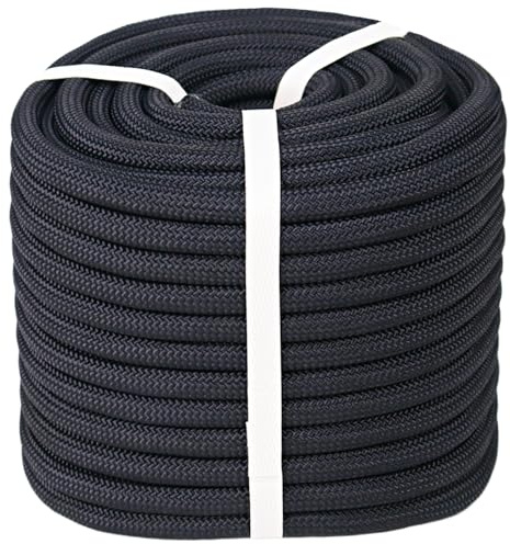 CRAYZA Corde en polyester à double tressage (1,27 cm x 15,2 m) - 48 brins pour arboriste - Corde d'escalade marine - Noir