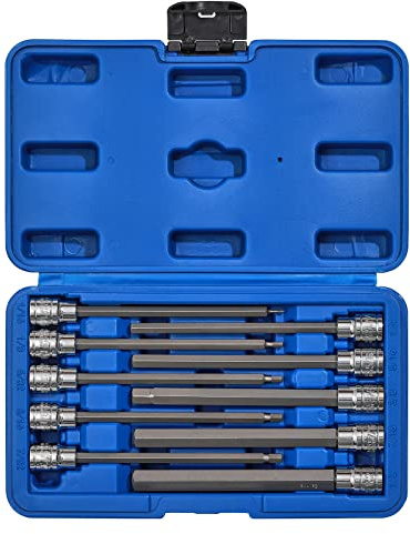 CASOMAN 10 Pieces 3/8 Inch Drive Long Hex Bit Socket Set, 1/16 Inch to 1/2 Inch, SAE, Extra Long Allen Hex Bit Socket Set, CR-V and S2 Steel