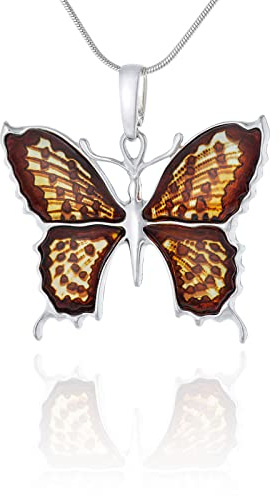 AMBEDORA Collana da Donna con Farfalla Regina di Spagna con Ambra, Argento Lucido, Ambra Ciliegia del Baltico, Ciondolo in Argento con Catena