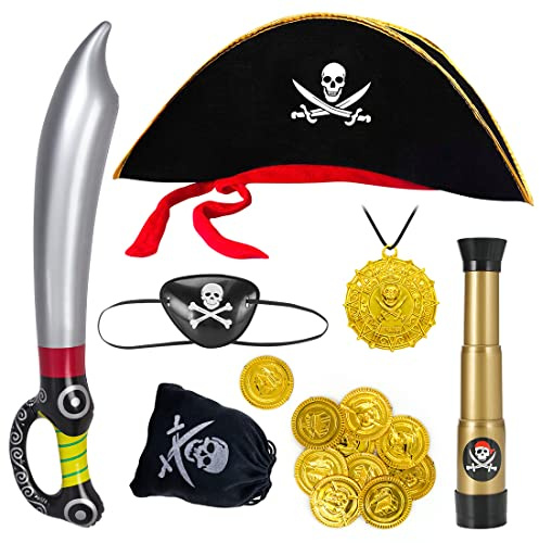 Aurasky Conjunto de Accesorios Pirata Niños, Complementos Pirata, Pirata Sombrero Catalejo Espada Parche Ojo Monedero Dorado Monedas, Infantil Disfraz de Halloween Carnaval Festa
