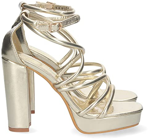 shoes&blues.es 70571 Sandalia de Tacon para Mujer, Comoda, con Tiras en el Empeine, y Cierre de Hebilla, Primavera Verano 2023 Oro Talla 36