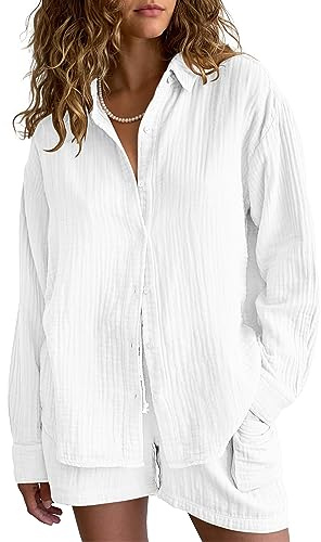 Famulily Pyjama 2 pièces en mousseline 100 % coton pour femme - Élégant costume d'intérieur - Vêtement de détente - Combinaison de loisirs - Chemisier surdimensionné et short avec poches, Blanc., S