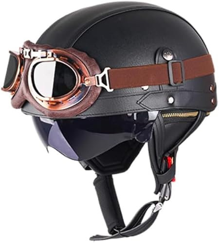 Retro Helm Motorradhelm Lederhelm Jethelme Vintage Mopedhelm Mit Brille ECE Zertifiziert Motorradkreuzer-Rollerhelm im Deutschen Stil (Eisenhaltig,L/59-60cm)