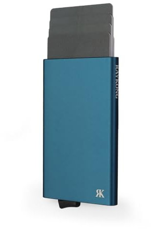 RAYKONG Kartenetui aus Metall für Damen und Herren mit RFID-Block, automatischer Pop-up-Kreditkartenhalter, Diebstahlschutz, Aluminium, minimalistischer Stil, blau, Minimalistisch