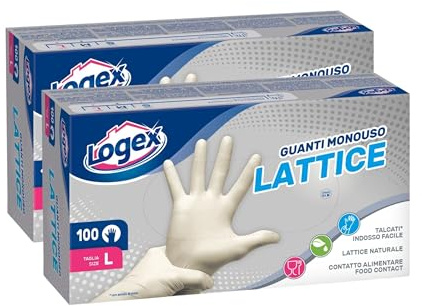 Logex Guanti in Lattice naturale per Lavori Domestici (100 Pezzi Tg Large) Monouso, non sterili, confortevoli e facili da indossare grazie alla Talcatura con Amido di Mais - 2 Pack (Totale 200 Guanti)