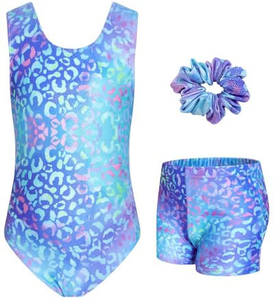 JiAmy Gymnastics Leotards for Girls, 3Pcs Sleeveless Athletic Outfit Sparkly Dance Unitards with Shorts Ballet Biketards Blue Leopard 8-9 Years