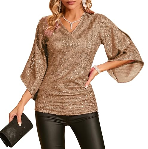 Womens Sequin Top 3/4 Sleeve Sparkly Shirt Glitter V-Neck Dressy Blouse for Evening Party Night Champagne
