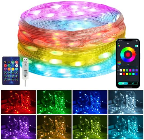 HOTUT Lichterkette RGB Smart IC, 10M Bunt Lichterkette Außen mit Fernbedienung & App Steuerung, Musik Sync, Timer, 99+ Modi, wasserdicht Lichtschlauch, Smart Fairy Lichterkette für Dekoration