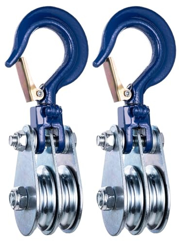 KCNOFNC Lot de 2 poulies de renvoi double 1 ton avec roulement à billes et crochets, pour câbles de 10 mm, pour accessoires forestiers, treuil