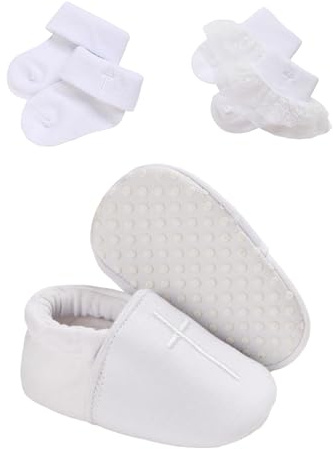 TJCONETJC - Zapatos y calcetines de bautizo para bebés para niños y niñas, zapatos pequeños, suela suave, color blanco, paquete de 3, Cruz Blanca, 6-9 meses