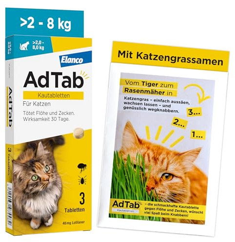 AdTab Katze 2-8 kg, Floh- & Zeckenschutz Promo-Set mit Katzengrassamen, 3 Kautabletten gegen Zecken & Flöhe, einfach zu verabreichen & lecker