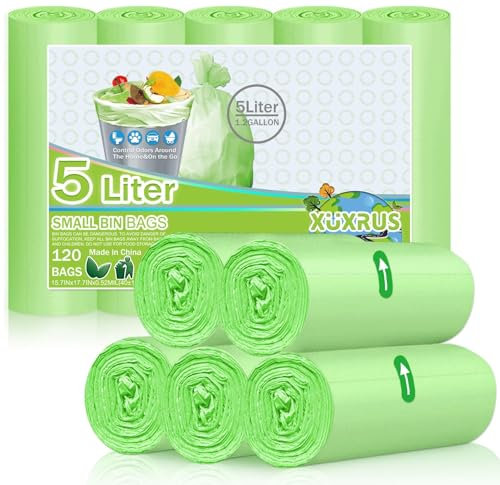 XUXRUS Sacchetti per la spazzatura da 5 l, colore verde, piccoli sacchetti per la spazzatura da bagno, confezione da 120 sacchetti biologici