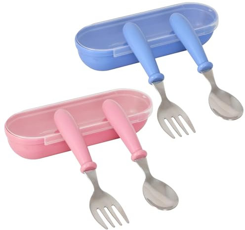 4 Piezas Cubiertos Niños de Acero Inoxidable, Cuchara y Tenedor para Infantiles, Cubiertos Bebés sin BPA, Cubiertos de Aprendizaje para Bebés con Mango Redondo para Hogar y Escuela, Azul + Rosa