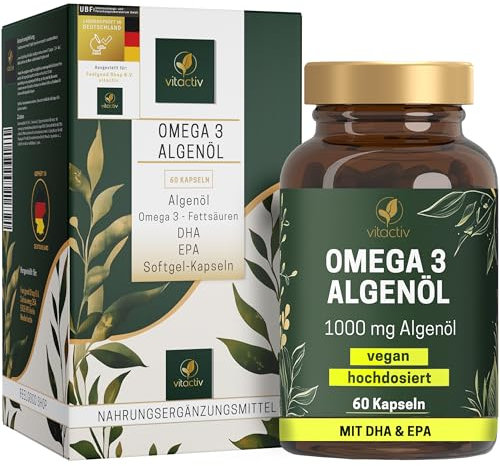 VITACTIV Omega 3 Algenöl Kapseln - 60 Stk - Marines Omega3 Vegan, Hochdosiert mit 1000mg Mikroalgenöl pro Tagesdosis - 450mg Omega-3 Fettsäuren DHA & EPA (2:1) - Herz, Gehirn, Augen – Laborgeprüft