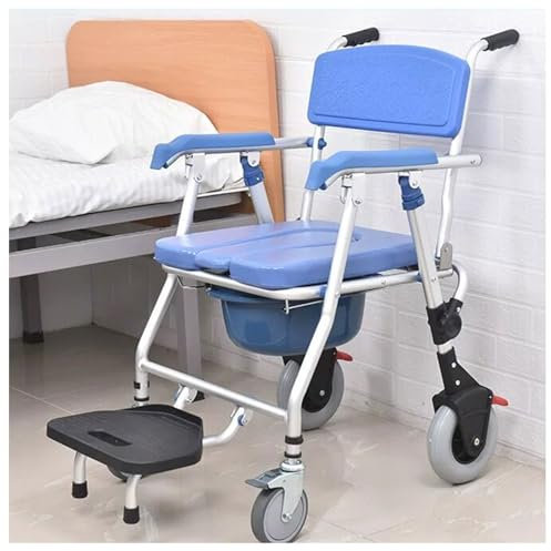 Duschrollstuhl-Toilettenstuhl Faltbarer für Senioren mit Rollen, Toilettenrollstuhl, Dusch Toilettenstuhl Fahrbar mit Gummirollen & Urineimer, Tragfähigkeit 120kg für Patienten Behinderte