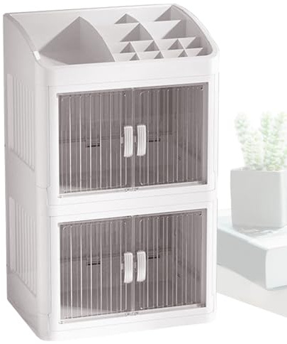 Generisch Caja organizadora de maquillaje, caja organizadora para el cuidado de la piel con 3 capas, artículos cosméticos plegables para escritorio, cómoda, interruptor de baño