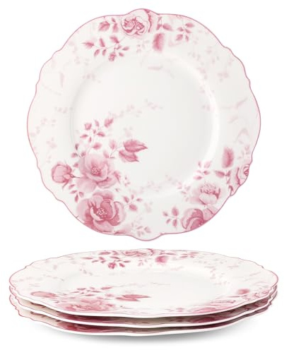 fanquare Rosa blommig middagstallrik set med 4, 10,5 tum stor rund porslinspasta förrätter biff serveringsfat för mikrovågsugn och diskmaskin säker