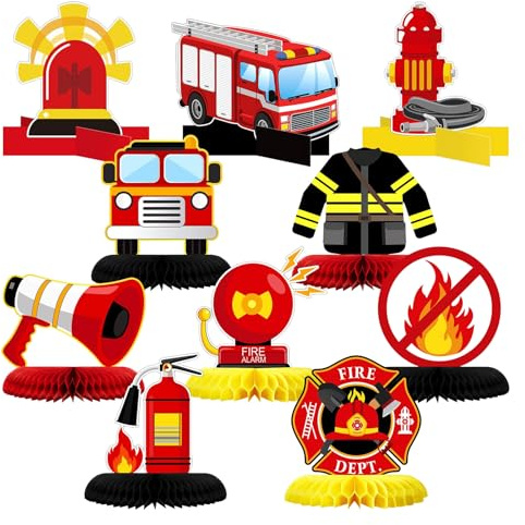 Bubaxuce 10 Pieces Firefighter Birthday Party Decorations Firefighter Theme Table Supplies Honeycomb Firefighter Table Adornments Firefighter Plates Fireman Hat