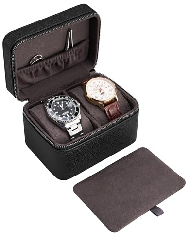 ProCase 2-Slot Watch Travel Case for Men, Portable Watch Holder -Black | PU Leather, Compact Small Travel Carrying Box, Storage Case for Luxury Watches & Smartwatches with Jewelry Compartment