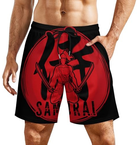 Pantaloncini da Bagno Japanese Samurai Printed Costume Uomo Mare Uomo Costume da Bagno con Tasche Inclinate Shorts da Spiaggia per attività Sportive Surf Vacanze L