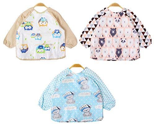 Chilsuessy 3 Stücke Wasserdicht Ärmellätzchen abwaschbar latz mit ärmel lätzchen mit auffangschale Ärmellätzchen mit Nässeschutz - Essen und Play Smock Schürze für Kleinkinder (100/Baby Höhe 90-100cm)