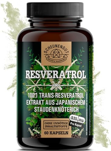 Resveratrol 1000mg -WICHTIG: 100:1 Extrakt (=100000mg jap. Staudenknöterich Wurzel je Tagesdosis) +Piperin -98% Trans-Resveratrol Hochdosiert- Laborgeprüft + Vegan DE SCHEUNENGUT®
