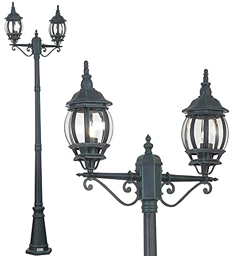 BAKAJI Lampione Vittoriano Classico da Giardino in Alluminio Lampada Lanterna Colore Grigio Finitura Anticata Verde Bronzo IP44 E27 (2 Luci 200 cm)